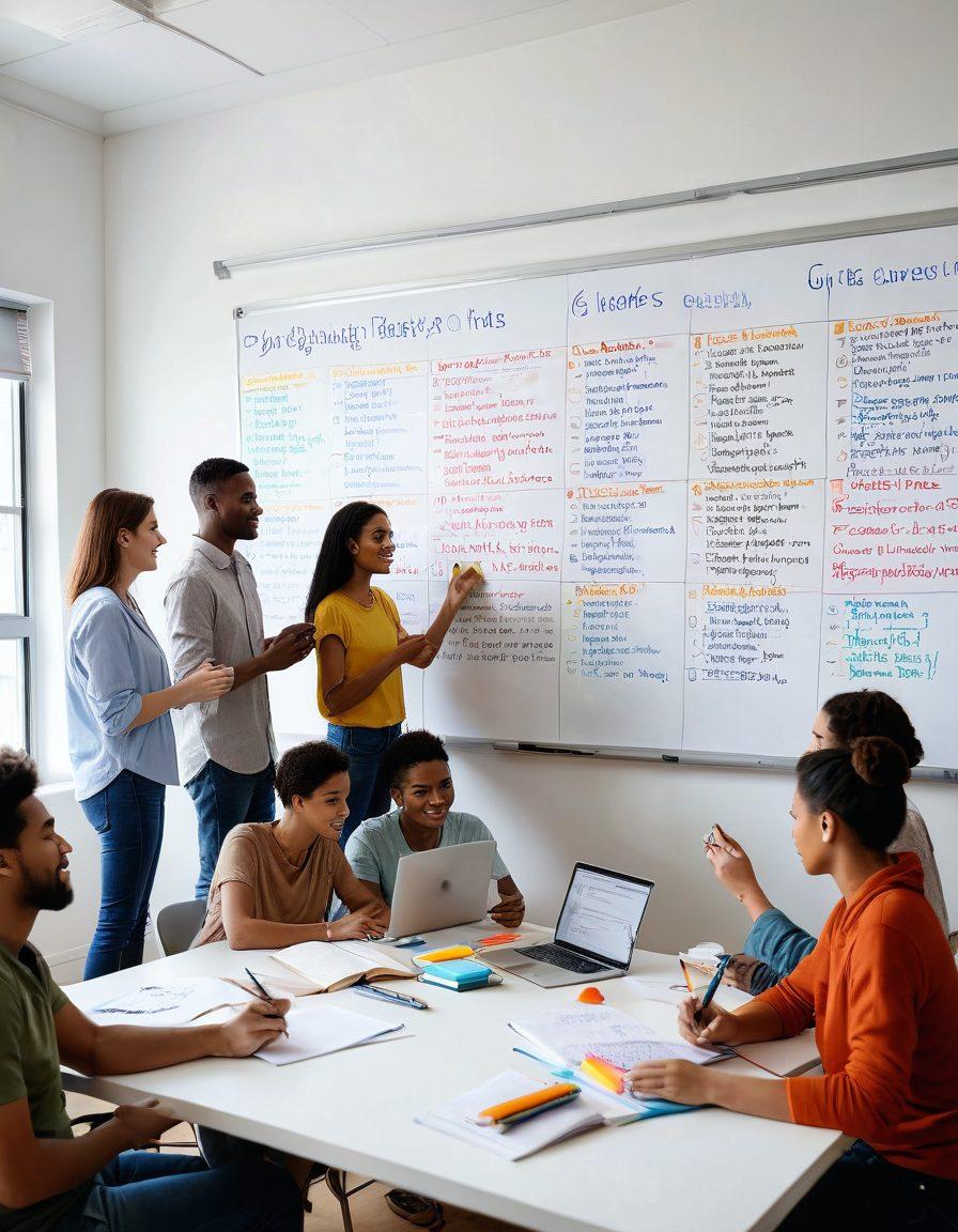 A diverse group of people writing and engaging with grammar exercises on a large whiteboard filled with colorful grammar rules and examples, set in a cozy and creative workspace with natural light streaming in. Include books, laptops, and notebooks. Super-realistic. Vibrant colors. White background.