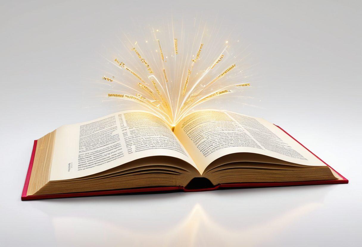 An open book emanating glowing golden letters, symbolizing clarity and brilliance in communication. In the background, a pathway of words leading to a horizon of light, representing the journey from basics to mastery. Surround this with icons of grammar elements like sentence structures, punctuation, and syntax diagrams. super-realistic. vibrant colors. white background.