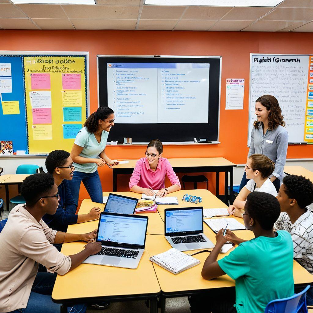 A dynamic classroom scene with a diverse group of students eagerly discussing English grammar concepts around a large digital board displaying various syntax structures like sentences, clauses, and punctuation. Include a friendly teacher guiding them with enthusiasm, and a stack of colorful grammar books and notebooks on a table. vibrant colors. super-realistic.